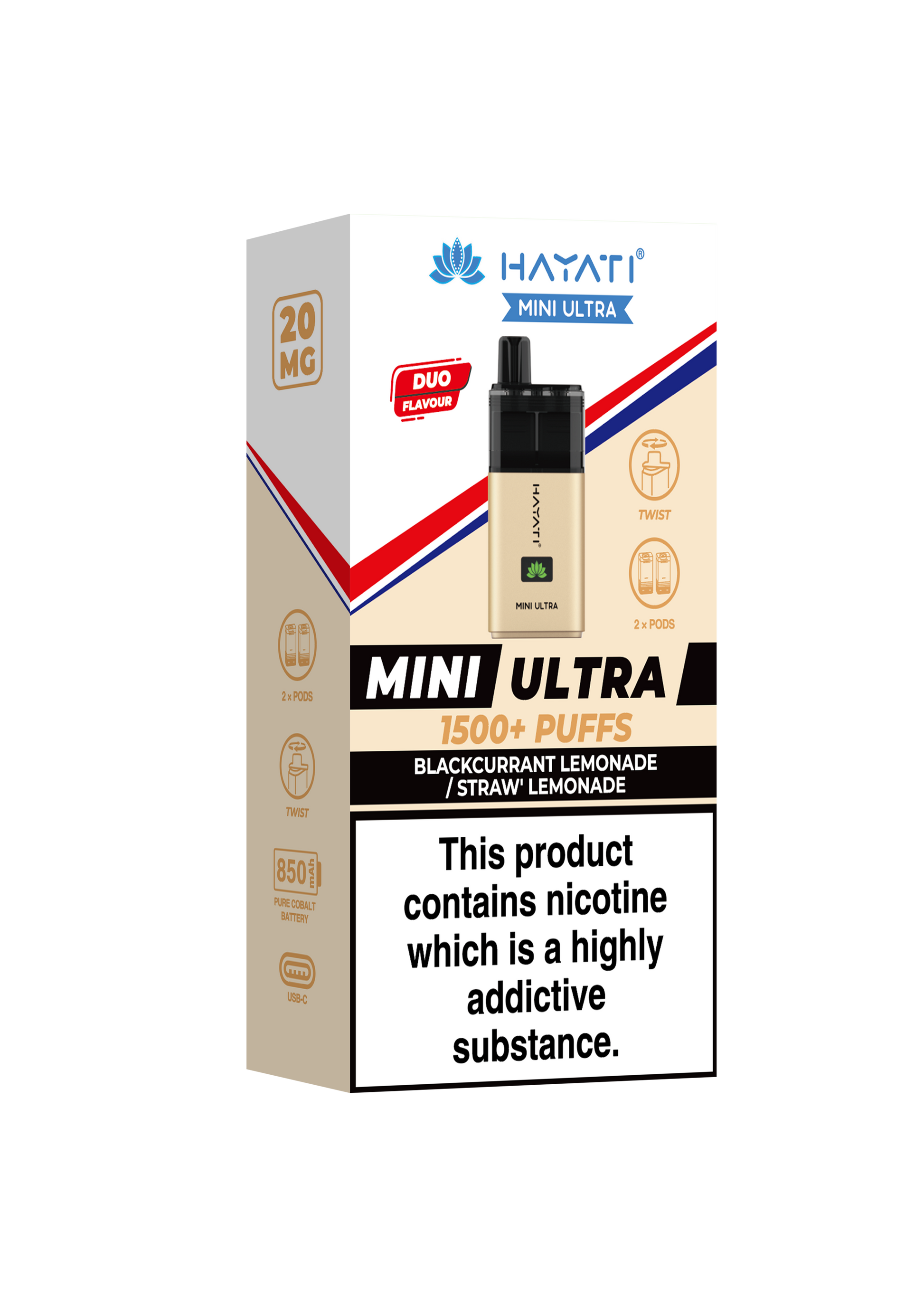 Hayati Mini Ultra 1500 Disposable Vape Blackcurrant Lemonade/Straw' Lemonade